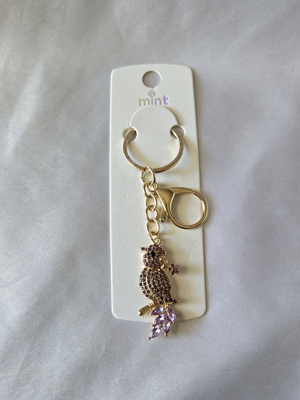 Mint Gold-Tone Owl Keychain with Lavender Crystal Accents